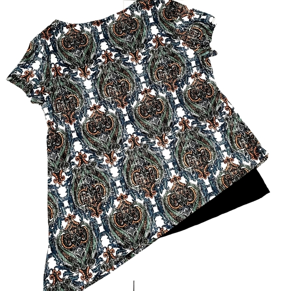 AB Studio Asymmetric Print Scoop Neck Short Sleeve Top Blouse Shirt Size L EUC - Picture 10 of 15